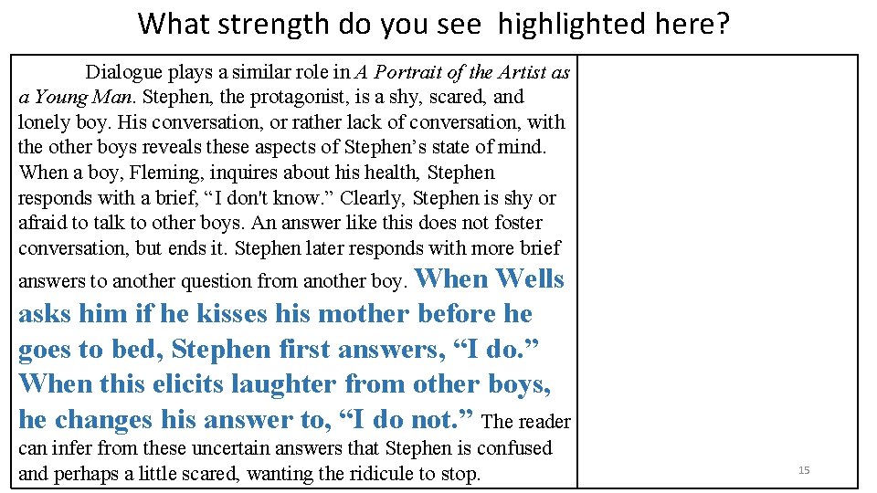 What strength do you see highlighted here? Dialogue plays a similar role in A