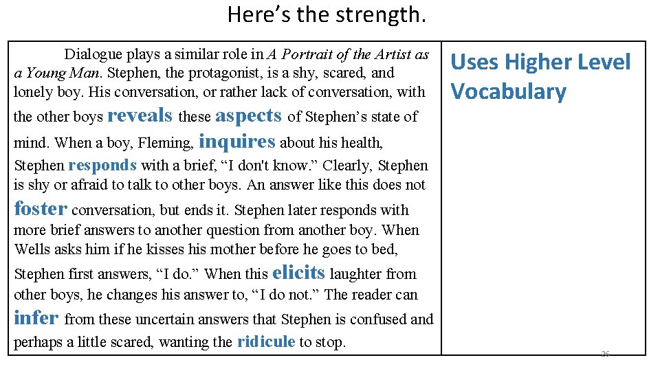 Here’s the strength. Dialogue plays a similar role in A Portrait of the Artist