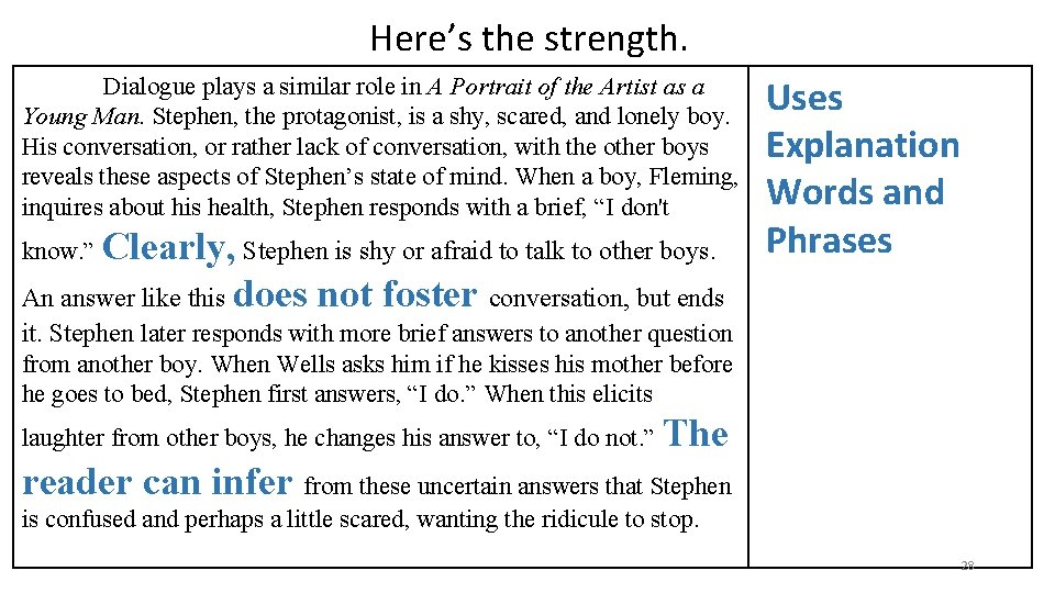 Here’s the strength. Dialogue plays a similar role in A Portrait of the Artist