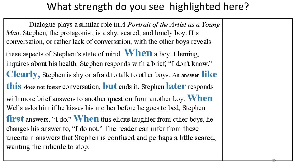 What strength do you see highlighted here? Dialogue plays a similar role in A