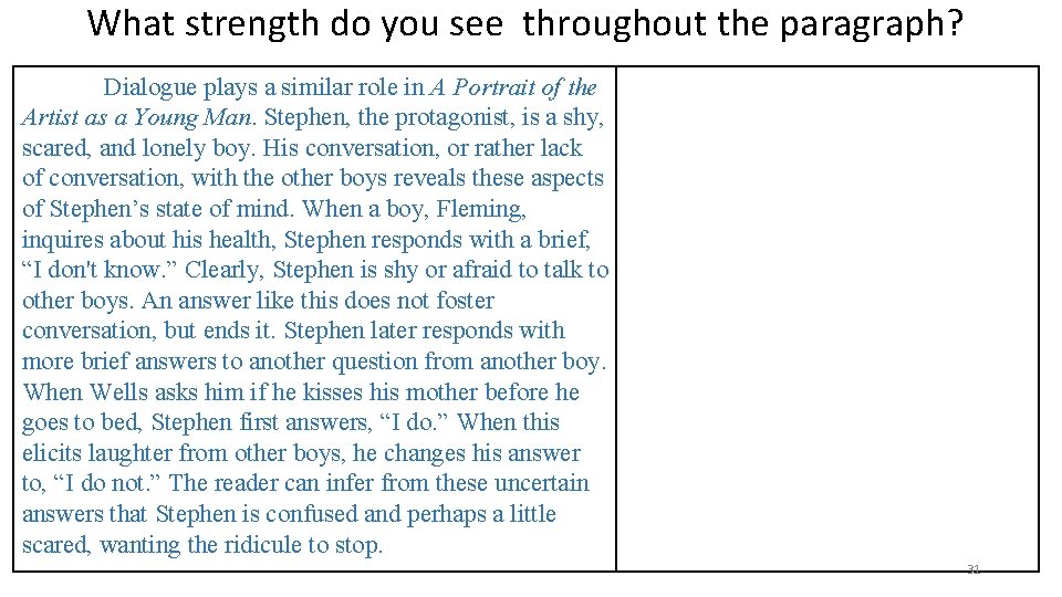 What strength do you see throughout the paragraph? Dialogue plays a similar role in