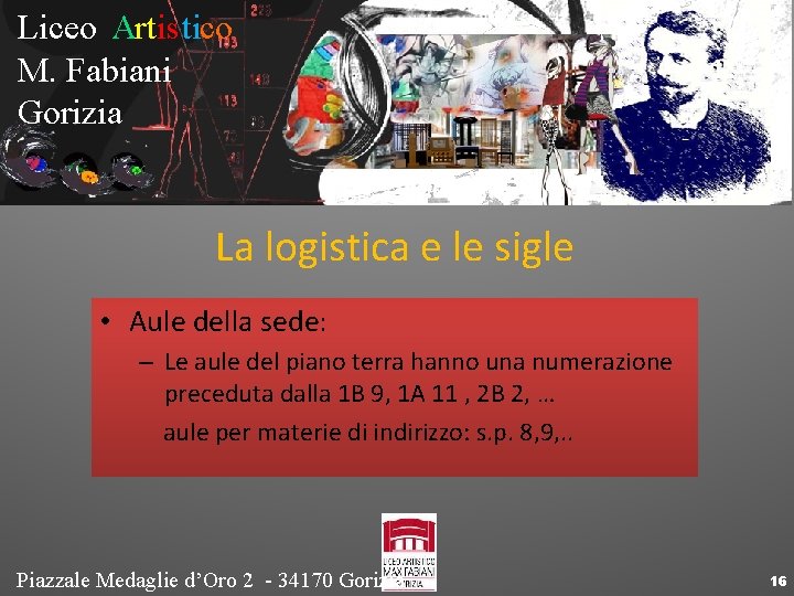 Liceo Artistico M. Fabiani Gorizia La logistica e le sigle • Aule della sede: