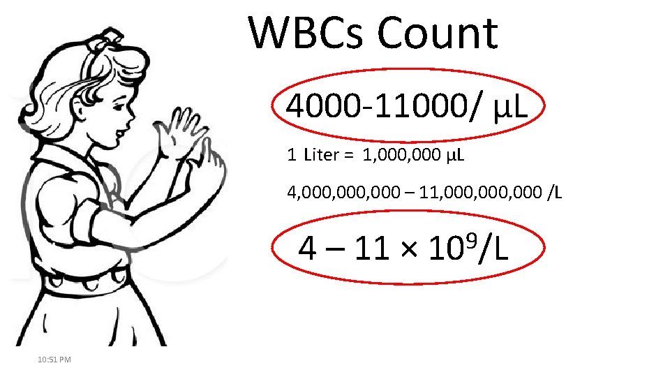 WBCs Count 4000 -11000/ µL 1 Liter = 1, 000 µL 4, 000, 000
