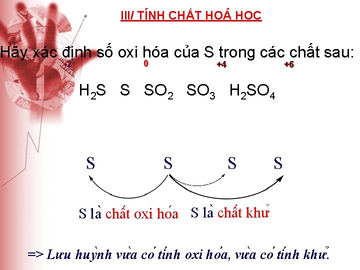 III/ TÍNH CHẤT HOÁ HỌC Hãy xác định số oxi hóa của S trong