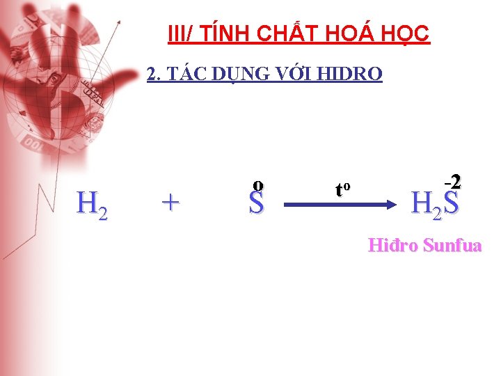 III/ TÍNH CHẤT HOÁ HỌC 2. TÁC DỤNG VỚI HIDRO H 2 + o