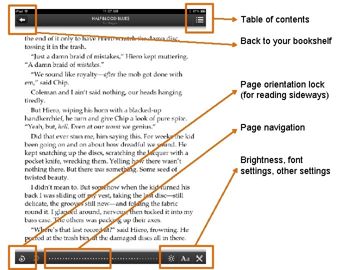 Table of contents Back to your bookshelf Page orientation lock (for reading sideways) Page