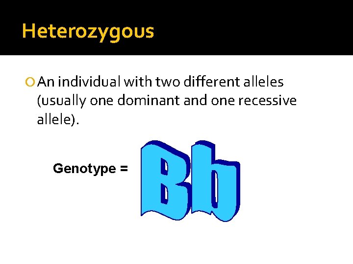 Heterozygous An individual with two different alleles (usually one dominant and one recessive allele).