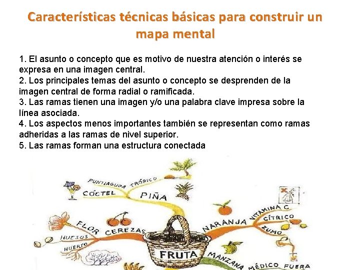 Características técnicas básicas para construir un mapa mental 1. El asunto o concepto que