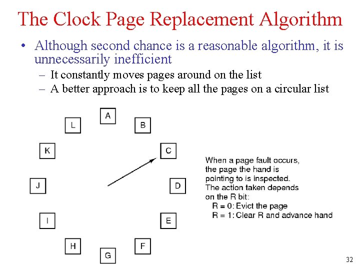 The Clock Page Replacement Algorithm • Although second chance is a reasonable algorithm, it