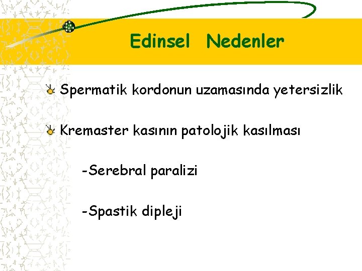 Edinsel Nedenler Spermatik kordonun uzamasında yetersizlik Kremaster kasının patolojik kasılması -Serebral paralizi -Spastik dipleji