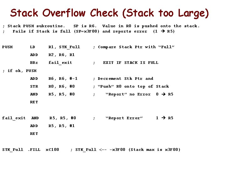 Stack Overflow Check (Stack too Large) ; Stack PUSH subroutine. SP is R 6.