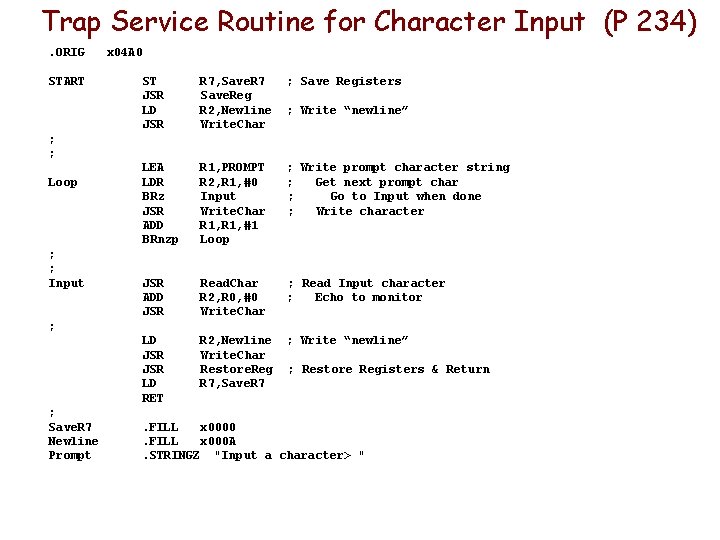 Trap Service Routine for Character Input (P 234). ORIG START x 04 A 0