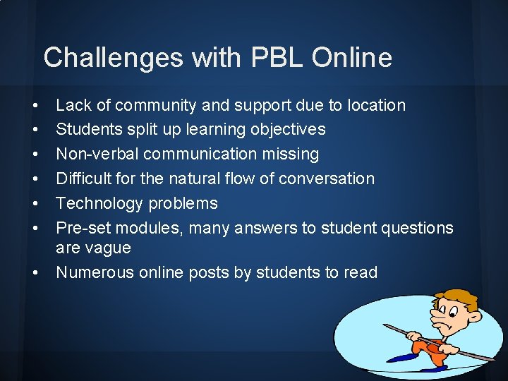 Challenges with PBL Online • • Lack of community and support due to location Challenges with PBL Online • • Lack of community and support due to location