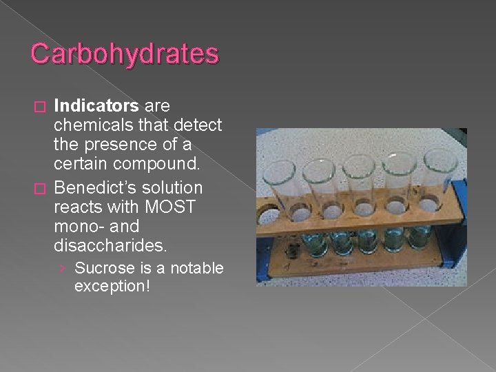 Carbohydrates Indicators are chemicals that detect the presence of a certain compound. � Benedict’s