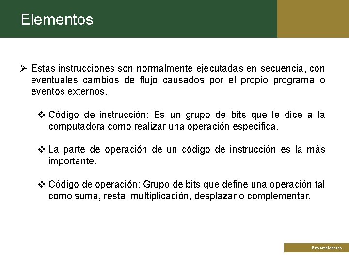 Elementos Ø Estas instrucciones son normalmente ejecutadas en secuencia, con eventuales cambios de flujo