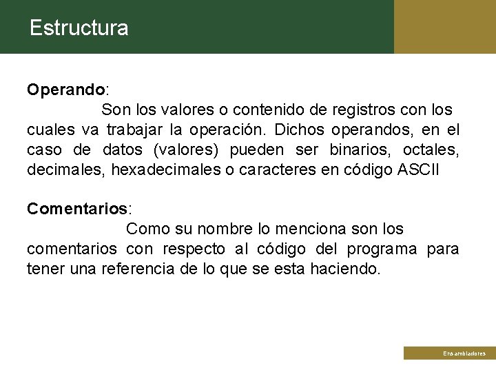 Estructura Operando: Son los valores o contenido de registros con los cuales va trabajar