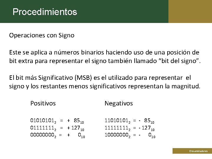 Procedimientos Operaciones con Signo Este se aplica a números binarios haciendo uso de una