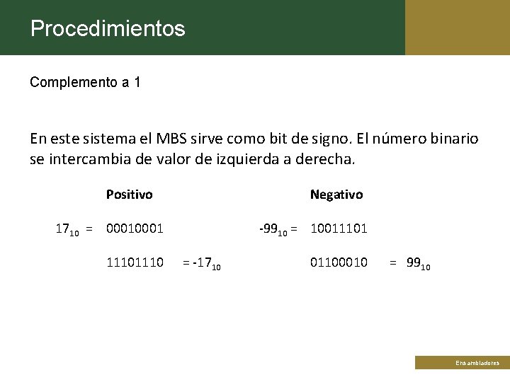 Procedimientos Complemento a 1 En este sistema el MBS sirve como bit de signo.