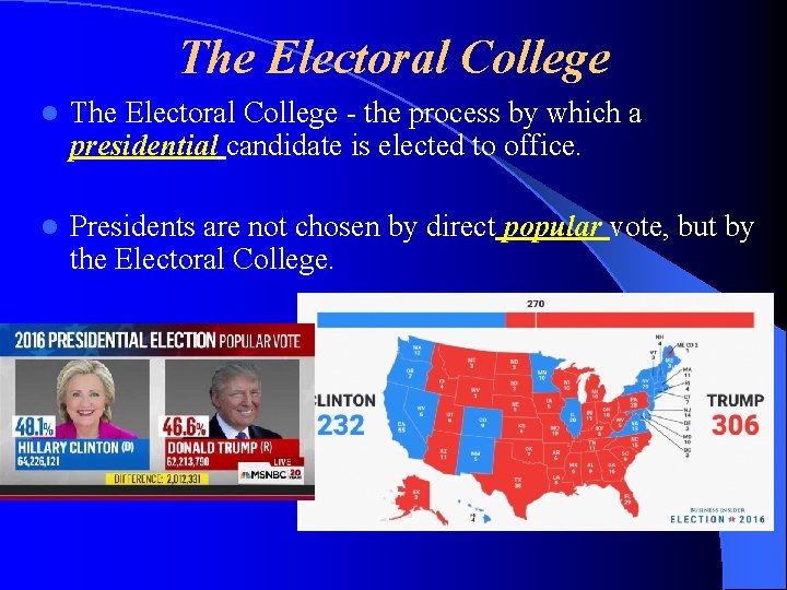 The Electoral College l The Electoral College - the process by which a presidential