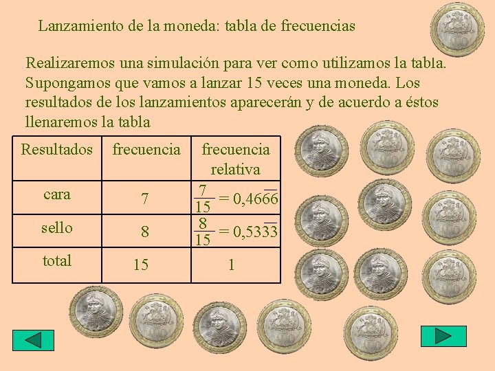 Lanzamiento de la moneda: tabla de frecuencias Realizaremos una simulación para ver como utilizamos