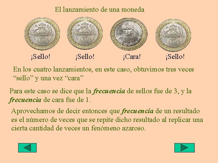 El lanzamiento de una moneda ¡Sello! ¡Cara! ¡Sello! En los cuatro lanzamientos, en este