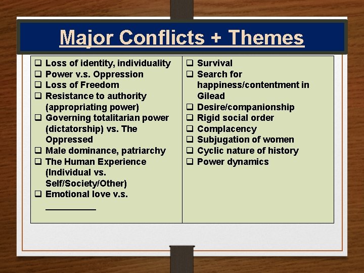 Major Conflicts + Themes q q q q Loss of identity, individuality Power v.