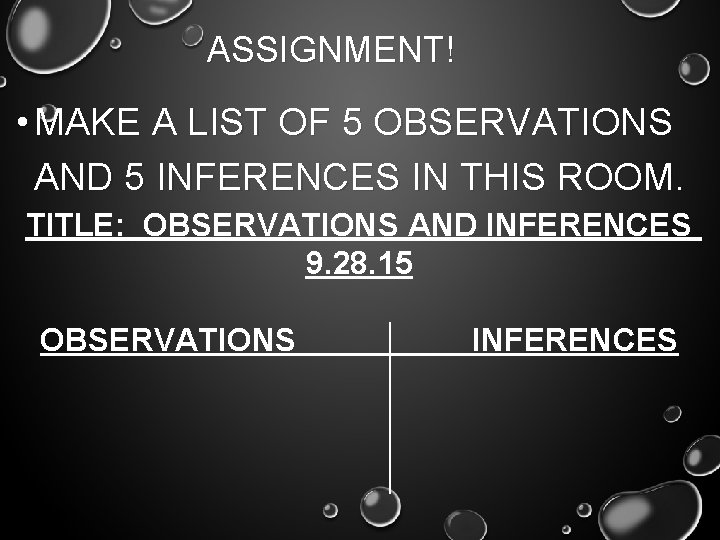 ASSIGNMENT! • MAKE A LIST OF 5 OBSERVATIONS AND 5 INFERENCES IN THIS ROOM.