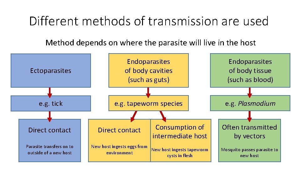 Different methods of transmission are used Method depends on where the parasite will live