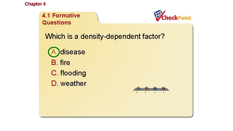 Chapter 4 Population Ecology 4. 1 Formative Questions Which is a density-dependent factor? A.