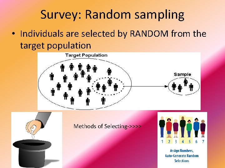 Survey: Random sampling • Individuals are selected by RANDOM from the target population Methods