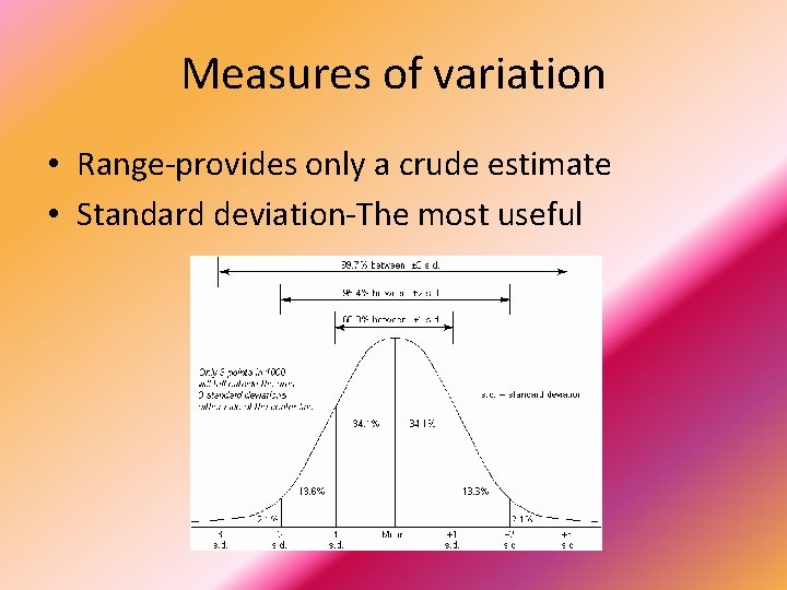 Measures of variation • Range-provides only a crude estimate • Standard deviation-The most useful