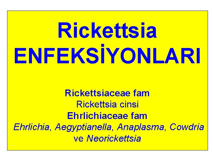 Rickettsia ENFEKSİYONLARI Rickettsiaceae fam Rickettsia cinsi Ehrlichiaceae fam Ehrlichia, Aegyptianella, Anaplasma, Cowdria ve Neorickettsia