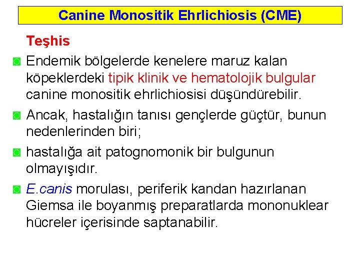 Canine Monositik Ehrlichiosis (CME) ◙ ◙ Teşhis Endemik bölgelerde kenelere maruz kalan köpeklerdeki tipik