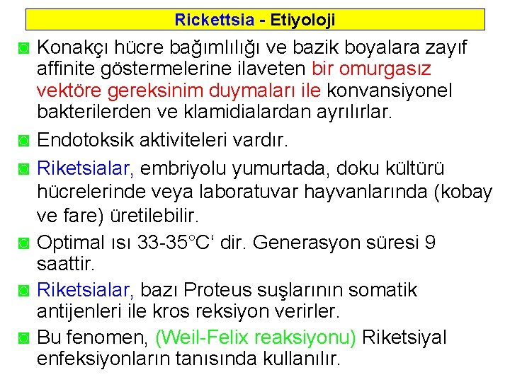 Rickettsia - Etiyoloji ◙ Konakçı hücre bağımlılığı ve bazik boyalara zayıf affinite göstermelerine ilaveten