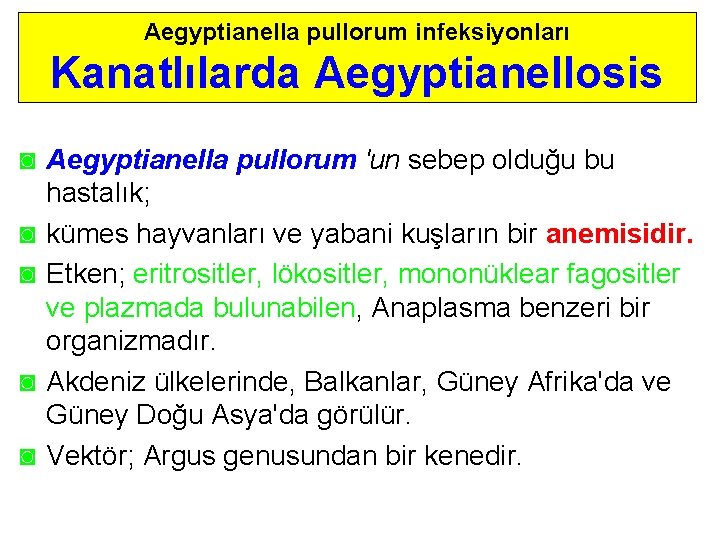 Aegyptianella pullorum infeksiyonları Kanatlılarda Aegyptianellosis ◙ Aegyptianella pullorum 'un sebep olduğu bu hastalık; ◙