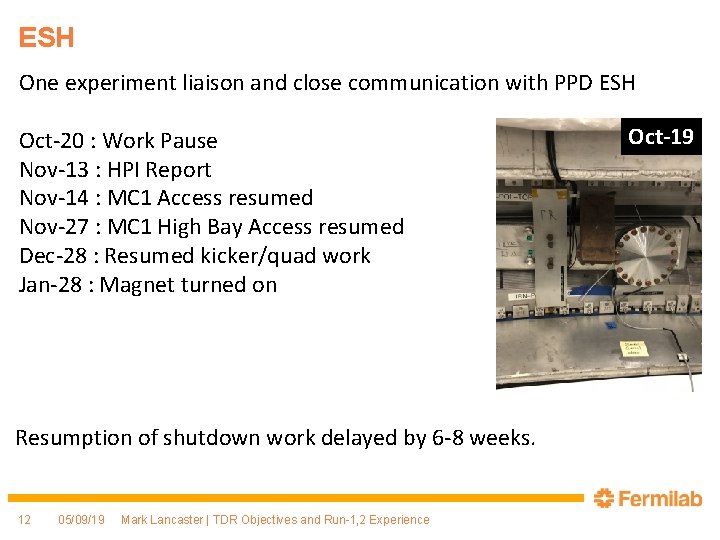 ESH One experiment liaison and close communication with PPD ESH Oct-20 : Work Pause