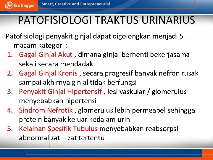 PATOFISIOLOGI TRAKTUS URINARIUS Patofisiologi penyakit ginjal dapat digolongkan menjadi 5 macam kategori : 1.