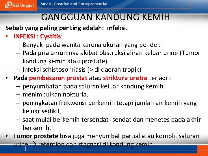 GANGGUAN KANDUNG KEMIH Sebab yang paling penting adalah: infeksi. • INFEKSI : Cystitis: –