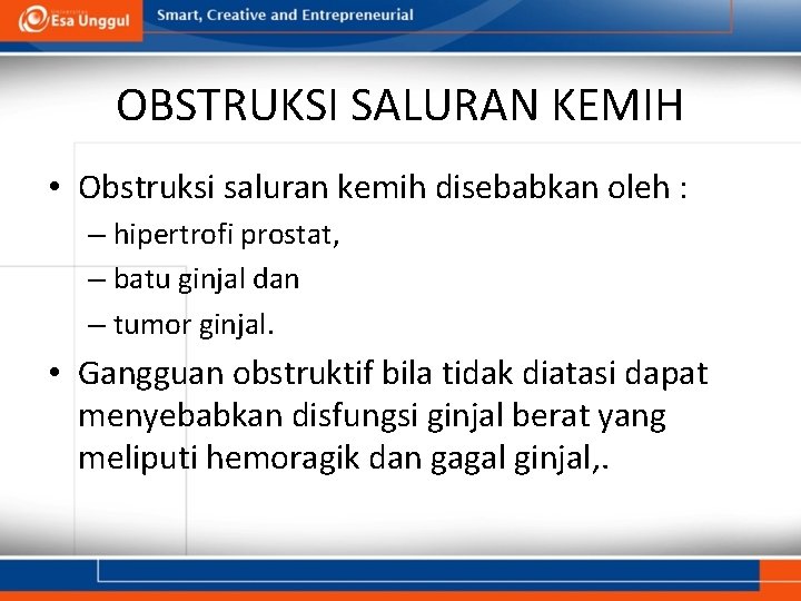 OBSTRUKSI SALURAN KEMIH • Obstruksi saluran kemih disebabkan oleh : – hipertrofi prostat, –