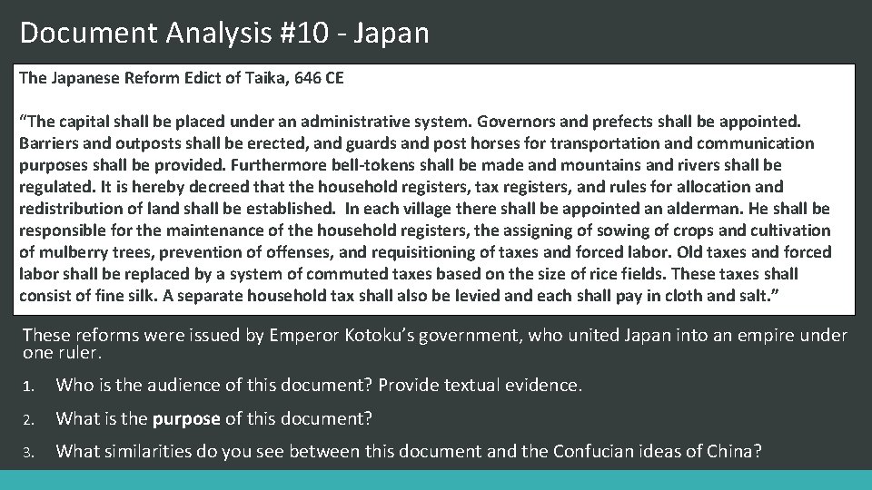 Document Analysis #10 - Japan The Japanese Reform Edict of Taika, 646 CE “The