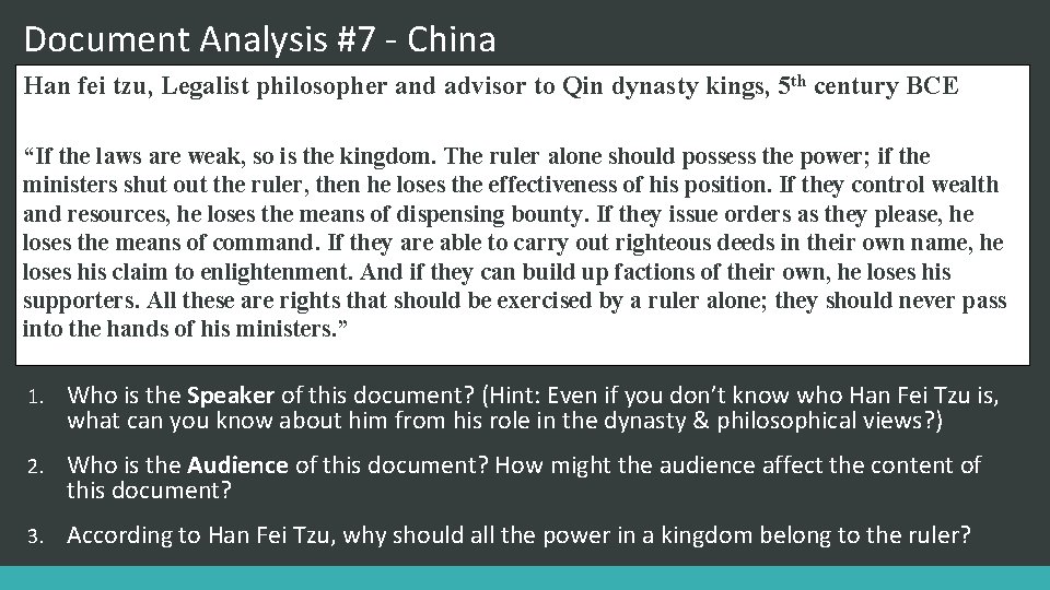 Document Analysis #7 - China Han fei tzu, Legalist philosopher and advisor to Qin