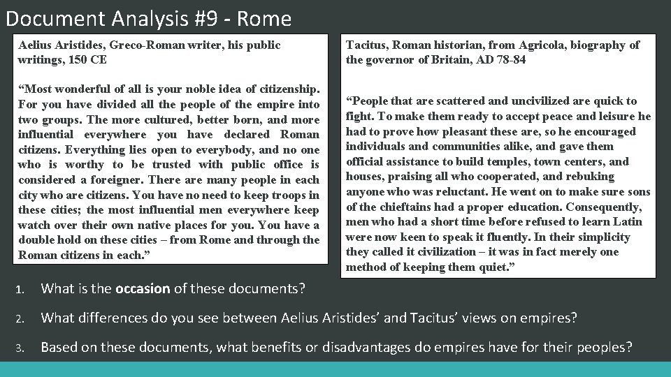 Document Analysis #9 - Rome Aelius Aristides, Greco-Roman writer, his public writings, 150 CE
