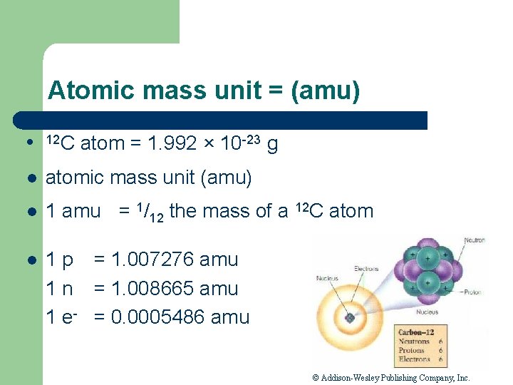 Atomic mass unit = (amu) l 12 C atom = 1. 992 × 10 Atomic mass unit = (amu) l 12 C atom = 1. 992 × 10