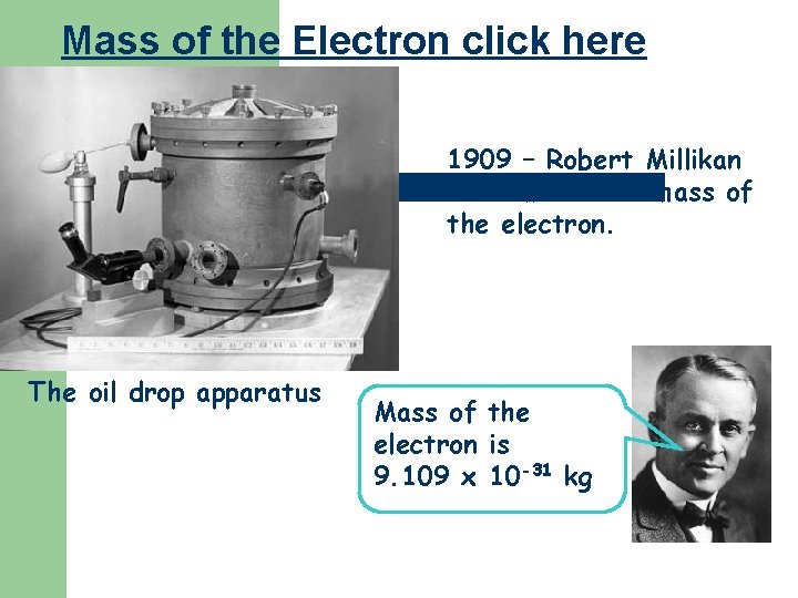 Mass of the Electron click here 1909 – Robert Millikan determines the mass of