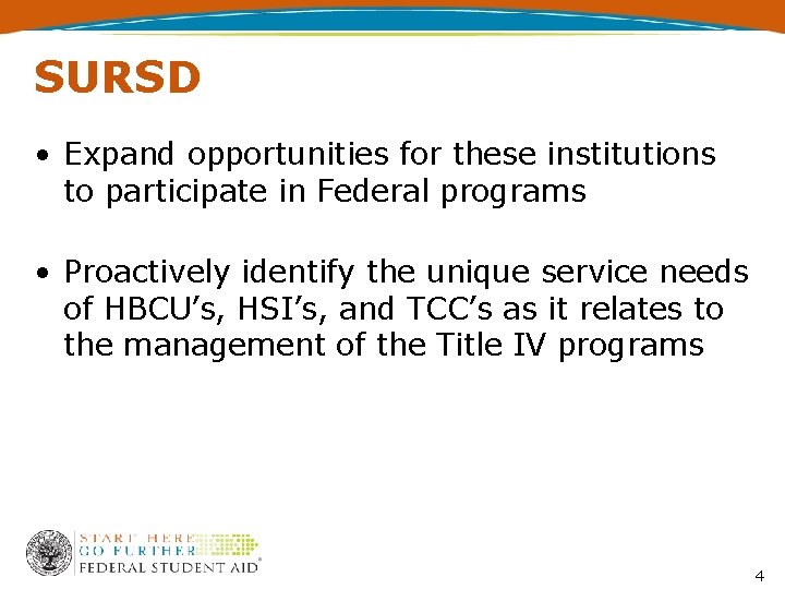 SURSD • Expand opportunities for these institutions to participate in Federal programs • Proactively