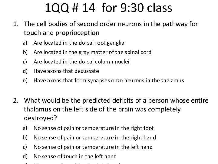 1 QQ # 14 for 9: 30 class 1. The cell bodies of second
