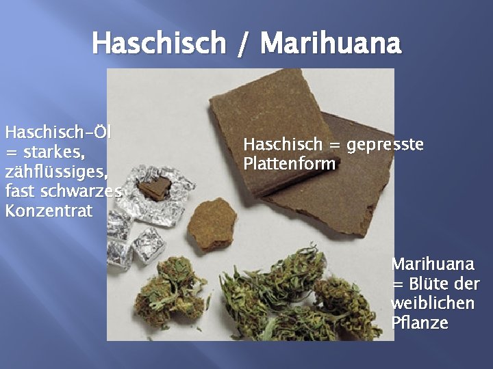 Haschisch / Marihuana Haschisch-Öl = starkes, zähflüssiges, fast schwarzes Konzentrat Haschisch = gepresste Plattenform