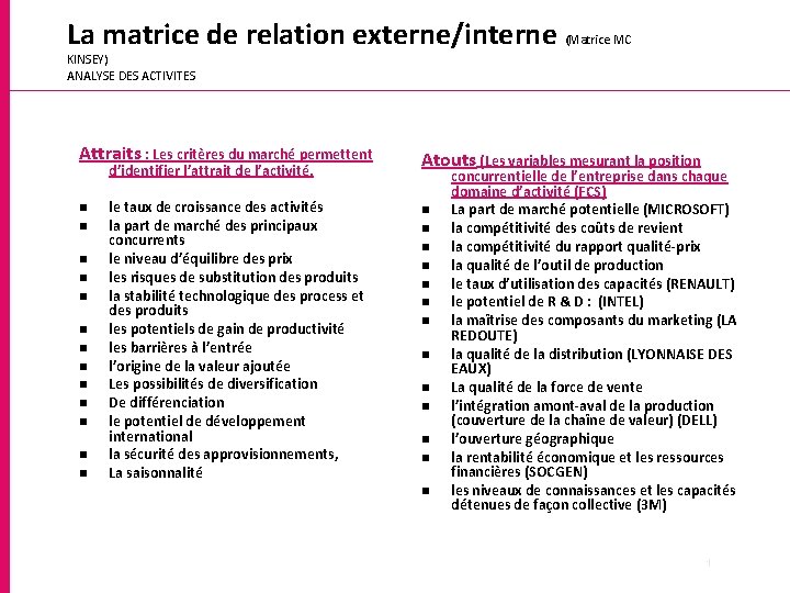 La matrice de relation externe/interne (Matrice MC KINSEY) ANALYSE DES ACTIVITES Attraits : Les