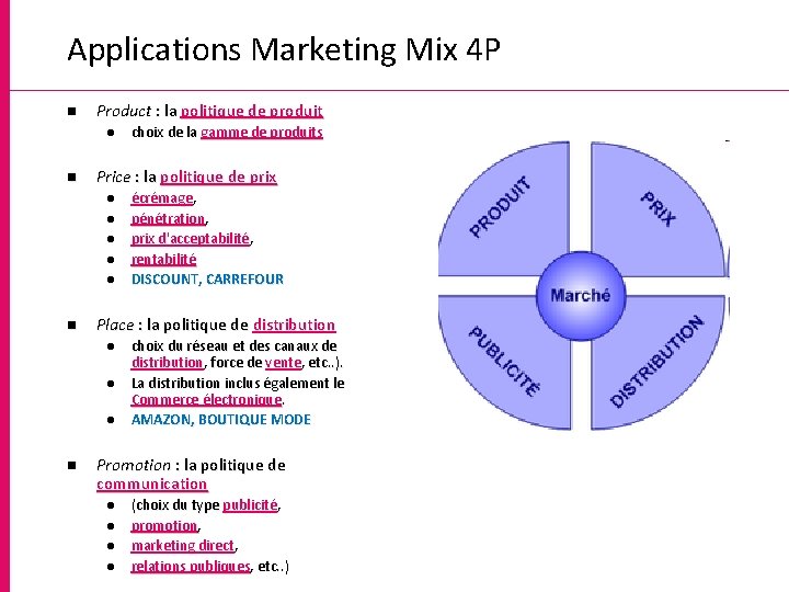 Applications Marketing Mix 4 P n Product : la politique de produit l n