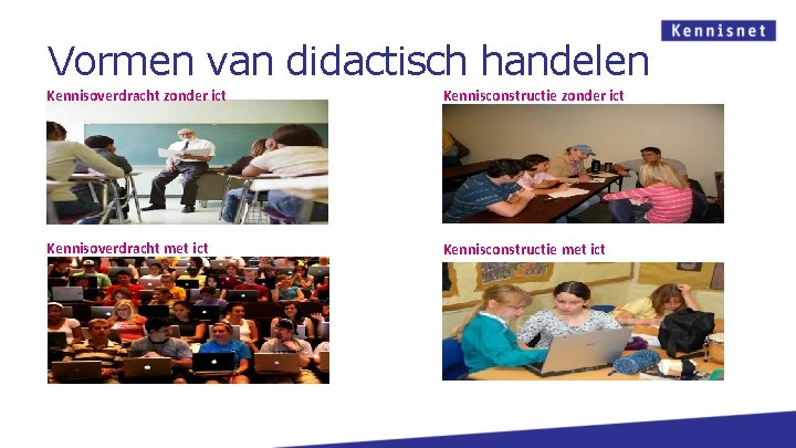 Vormen van didactisch handelen Kennisoverdracht zonder ict Kennisconstructie zonder ict Kennisoverdracht met ict Kennisconstructie